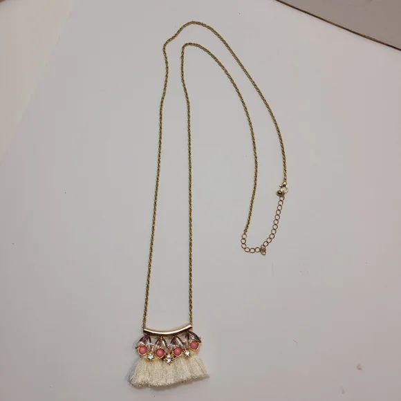 Vintage Gold Tone Long Necklace 4 Tassels Topped with Pink and Clear Beads - Picture 2 of 6